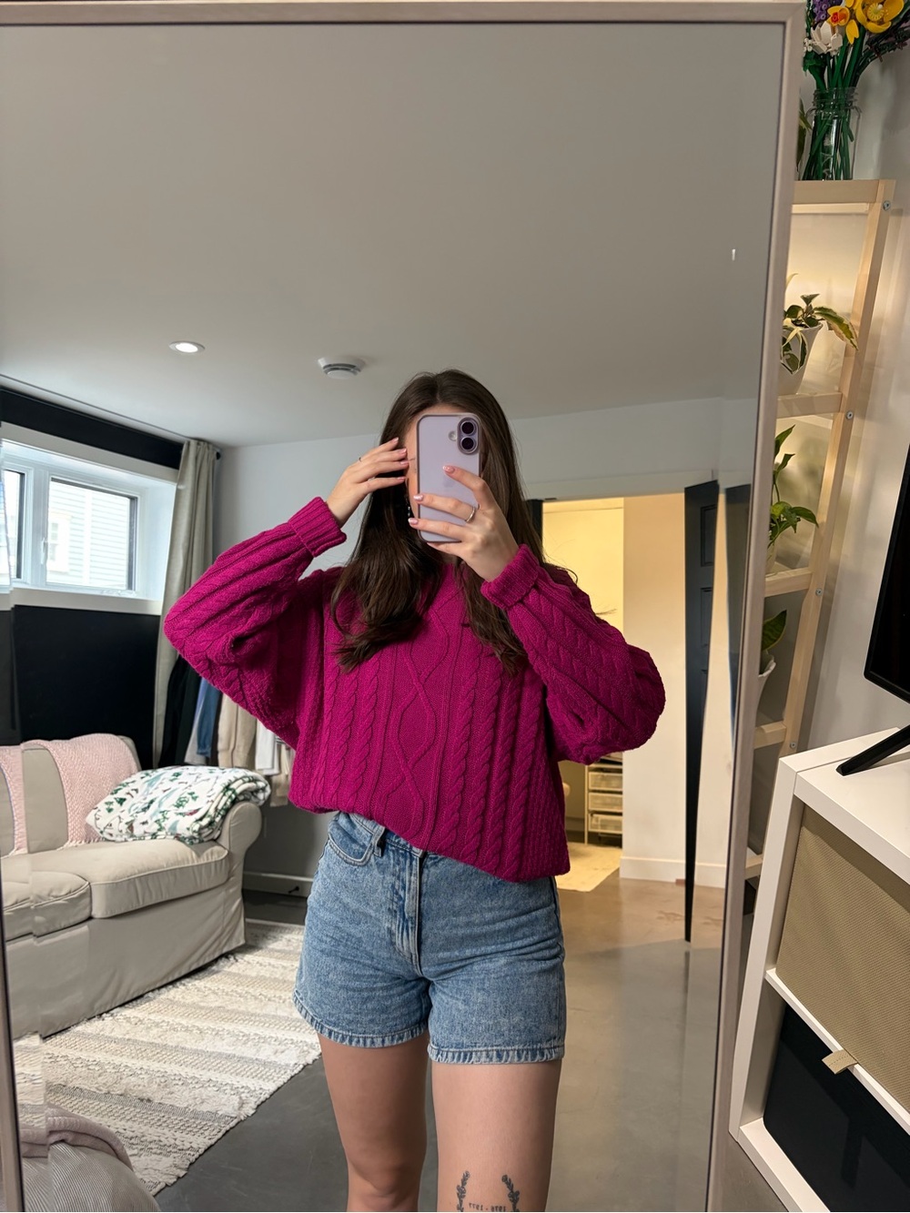 Bluenotes Fuchsia Cable-Knit Crewneck Sweater